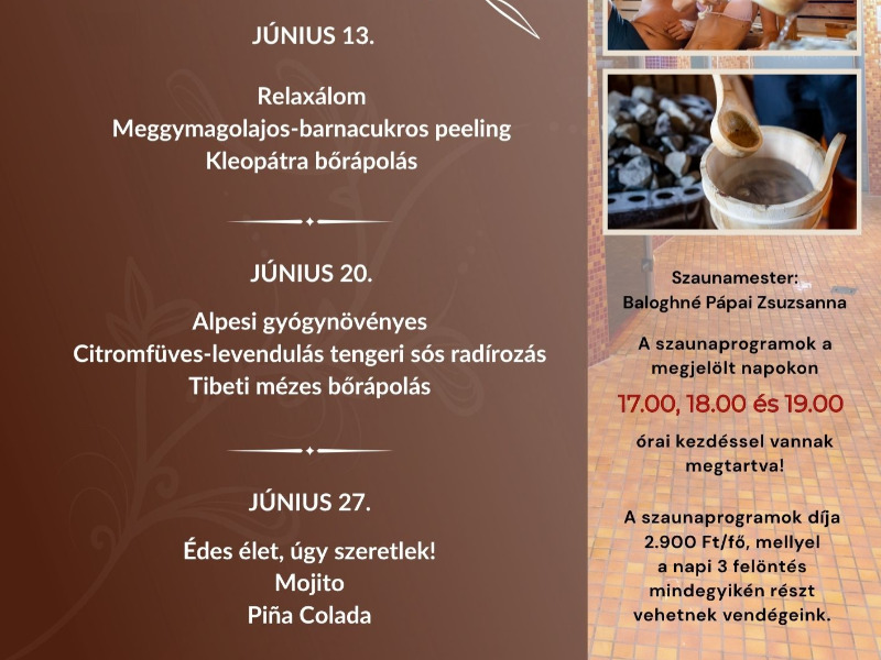 Júniusi szaunaprogramok a Gabriella Gyógy- és Strandfürdőben