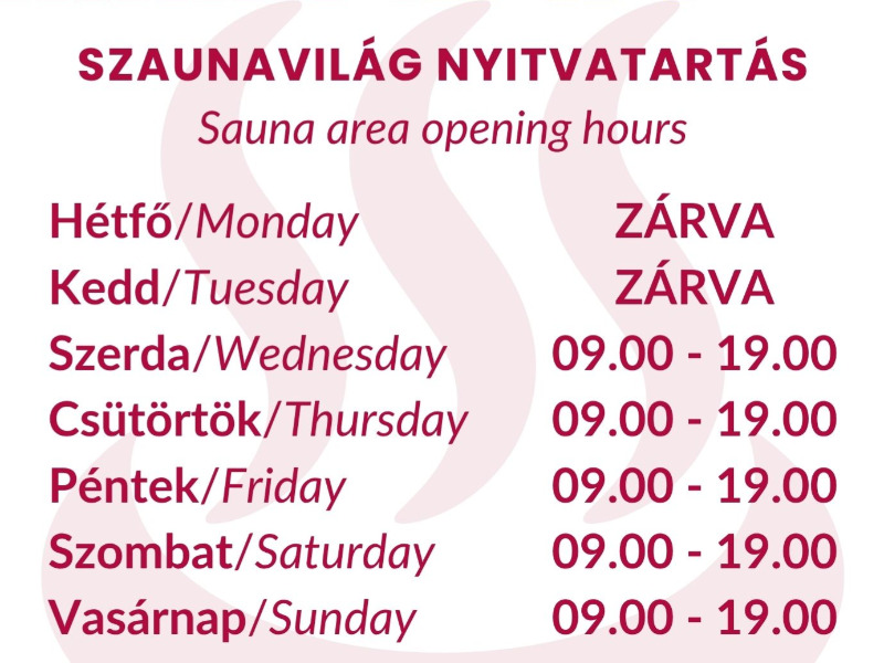 A Gabriella Gyógy- és Strandfürdő szaunavilágának nyitvatartása